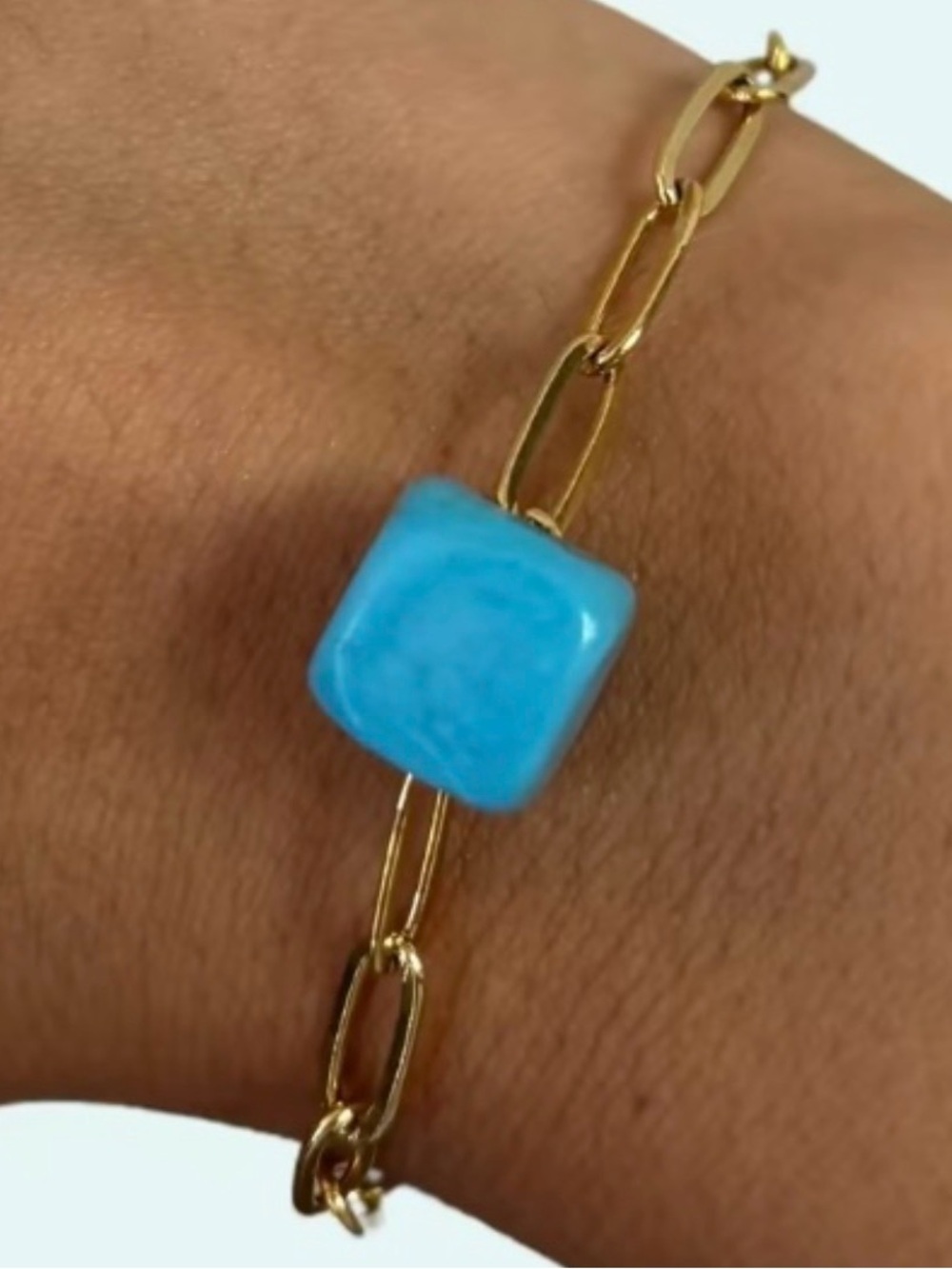 Gold Link Bracelet with Turquoise Blue Square Stone